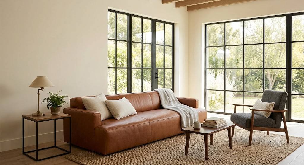 Living room with a low leg-less cognac leather sofa facing a
black steel-framed window wall, shot from a high angle, with a jute rug
and olive tree.