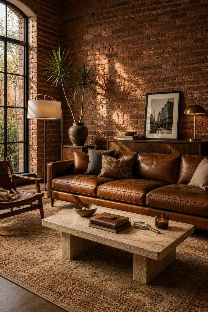 A warm and inviting living room featuring a cognac leather sofa against an exposed brick wall, complemented by a travertine coffee table, walnut furniture, vintage rug, and soft natural sunlight.