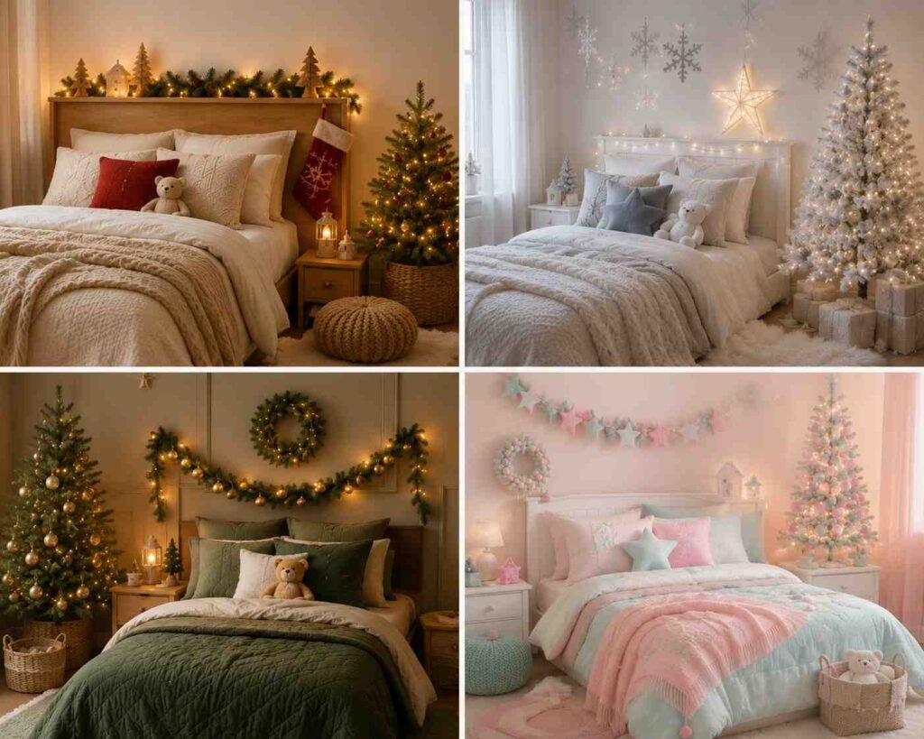 Collage of four cozy Christmas bedroom decorating ideas for kids featuring festive Christmas trees, warm fairy lights, soft bedding, holiday garlands, and charming seasonal decor in traditional, winter white, forest green, and pastel themes