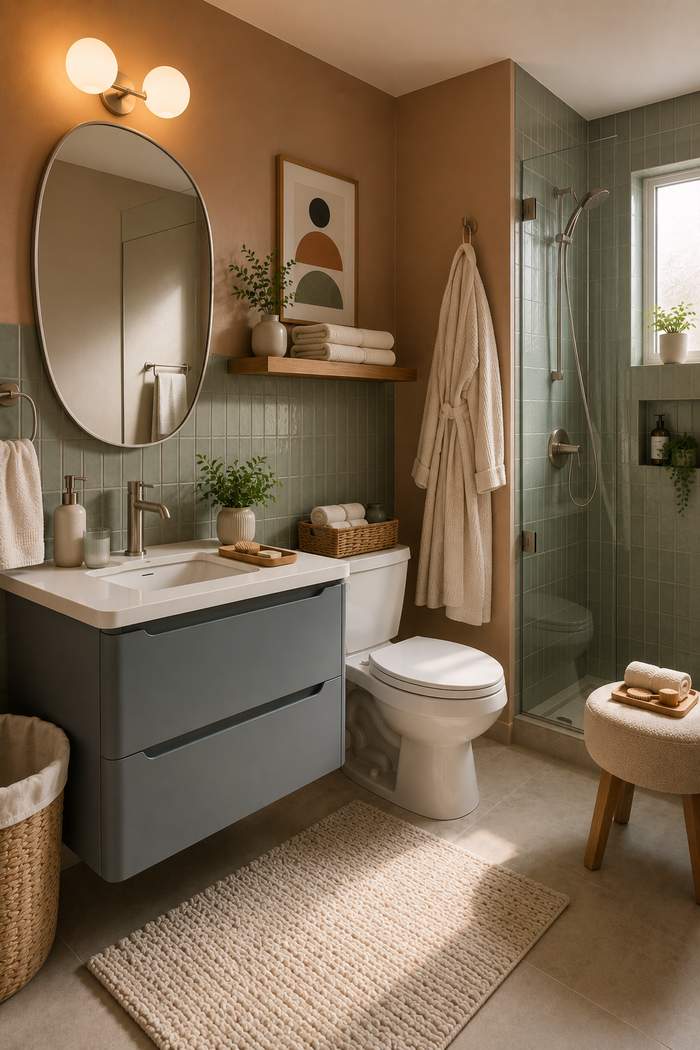 A warm, modern bathroom with terracotta walls, soft green tile, and a floating gray vanity topped with a white sink. Sunlight pours in through the window, adding a cozy glow to the space while highlighting the fresh plants, folded towels, and simple wooden accents. A glass walk-in shower, plush bath mat, and textured stool complete the room, giving it a clean, comfortable feel that’s both stylish and relaxing