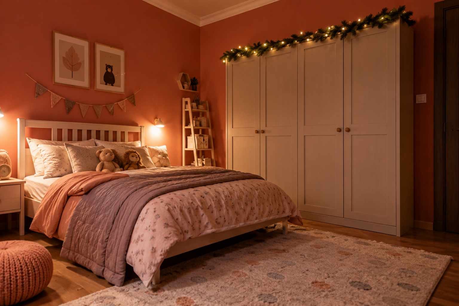 Cozy pink kids' bedroom with soft blush walls, white furniture, plush bedding, stuffed animals, and warm fairy lights creating a festive, inviting atmosphere. 