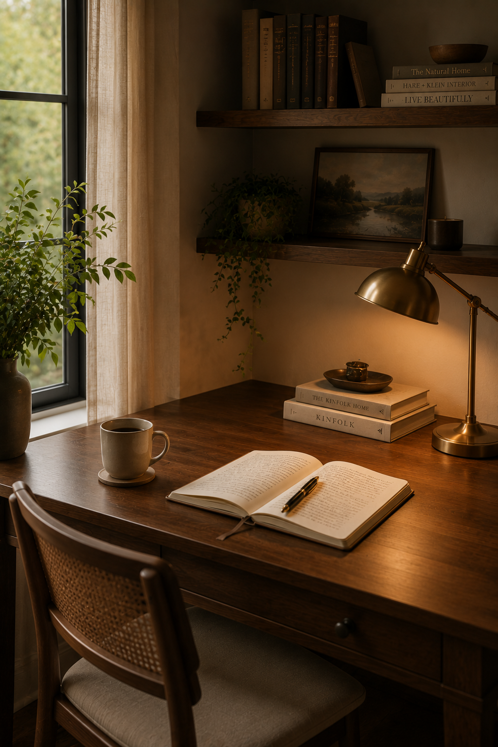 A cozy modern study desk in a softly lit room featuring a dark walnut wood desk, warm brass task lamp, open journal with a pen, ceramic coffee mug, floating wood shelves with vintage books and a trailing plant, and natural daylight filtering through a large window with linen curtains, creating a warm, inviting workspace.