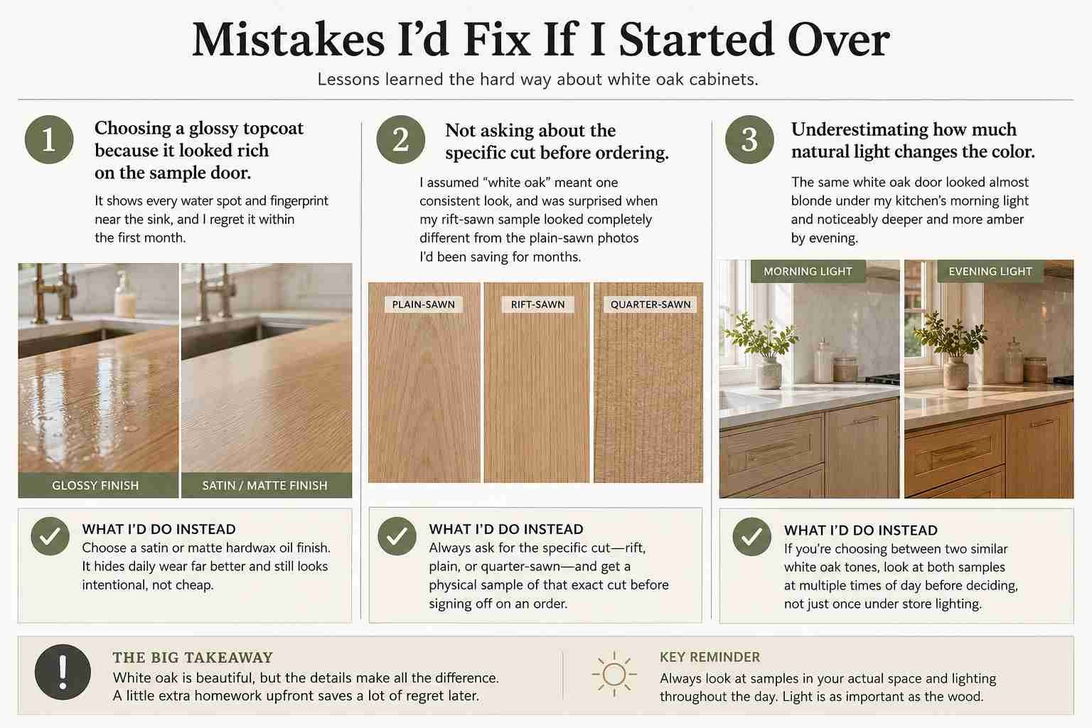 Infographic highlighting common mistakes when choosing white oak cabinets, including selecting a glossy finish, overlooking the difference between plain-, rift-, and quarter-sawn cuts, and underestimating how natural light changes wood color. The guide compares finishes, wood grain patterns, and morning versus evening lighting, with practical tips for choosing samples before ordering.