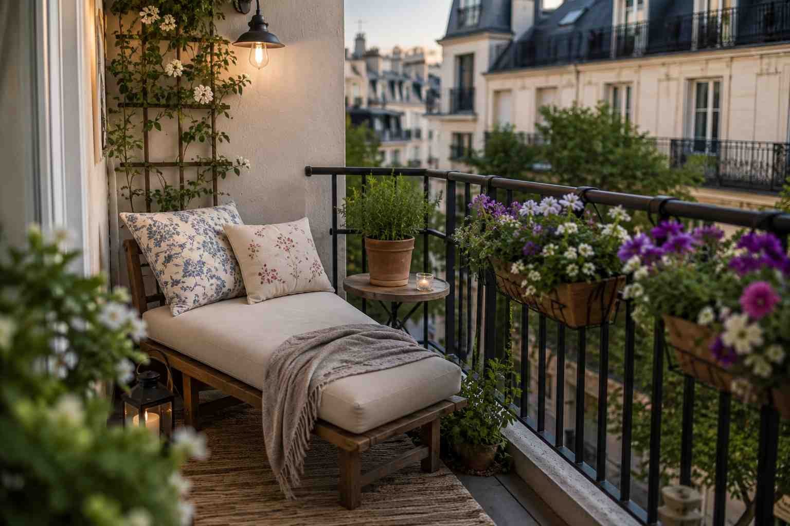 Cozy apartment balcony with a cushioned wooden lounge chair, colorful flower-filled railing planters, climbing vines, a small side table, and soft evening lighting overlooking elegant city building