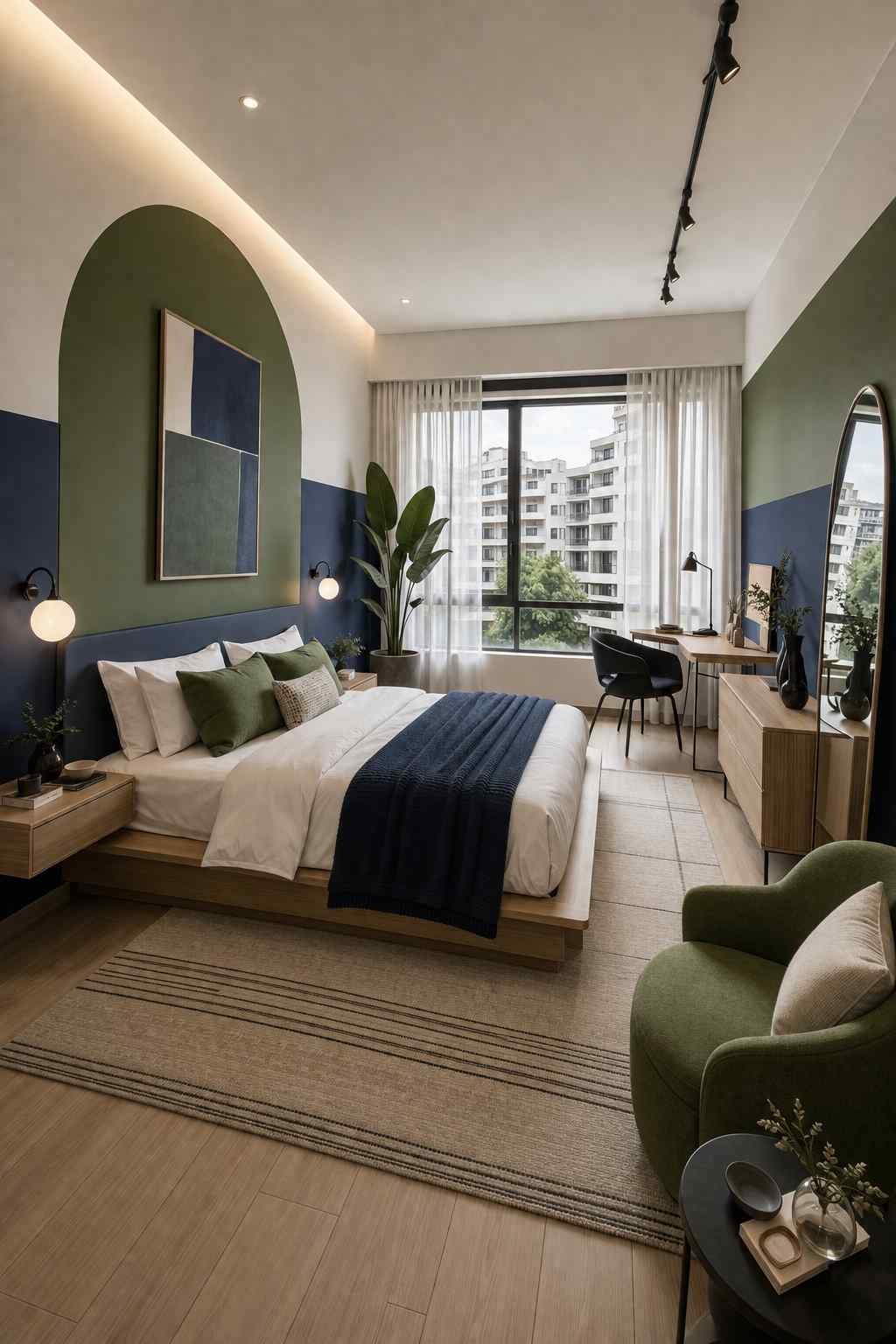 A bright, modern bedroom with navy and olive-green accent walls, crisp white bedding, and warm wood furniture. A large window fills the room with natural light, while a cozy reading chair, indoor plant, and compact workspace create a calm, functional space for both relaxing and working. 