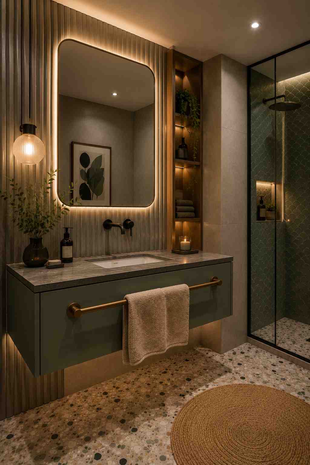 Contemporary floating bathroom vanity with sage green cabinetry, gray marble countertop, illuminated rounded rectangular mirror, black wall-mounted faucet, wood storage niche, terrazzo flooring, glass shower with green fish-scale tiles, and warm ambient lighting. 