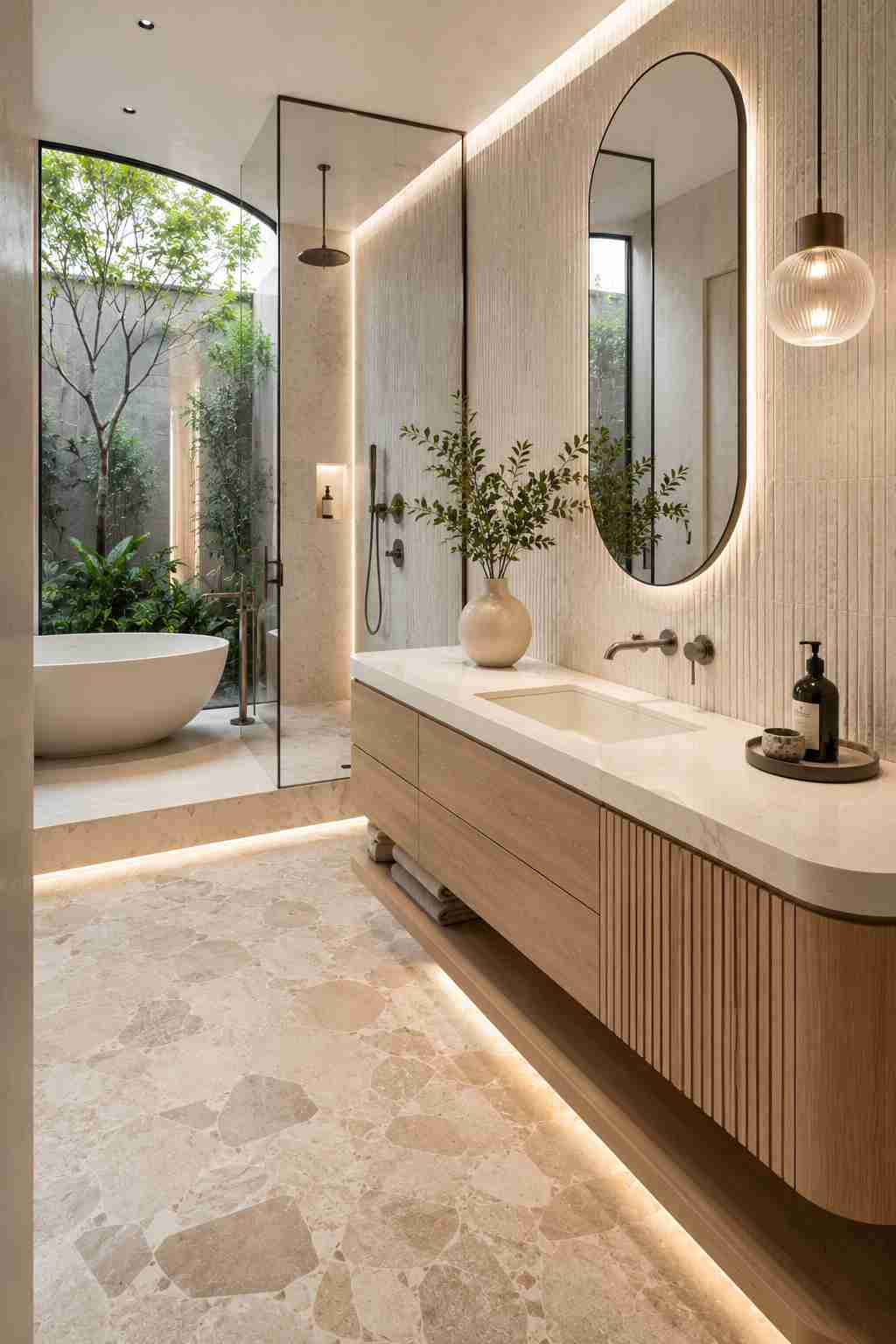 Bright contemporary bathroom featuring a floating light wood vanity with an integrated white stone sink, a large backlit oval mirror, warm pendant lighting, a glass walk-in shower, a freestanding bathtub beside a floor-to-ceiling window overlooking a lush garden, and soft under-cabinet lighting for a serene spa-like atmosphere.