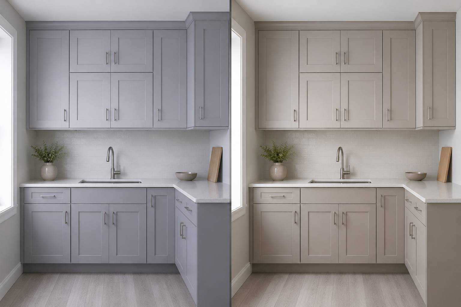 Side-by-side comparison of cool grey and warm greige shaker kitchen cabinets in a small north-facing kitchen with white quartz countertops, brushed nickel hardware, and soft natural daylight.