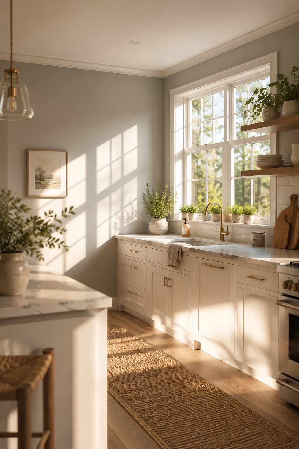 Bright modern farmhouse kitchen with cool light grey walls, white shaker cabinets, brushed brass hardware, white quartz countertops, open wood shelves, and warm afternoon sunlight streaming through large windows.