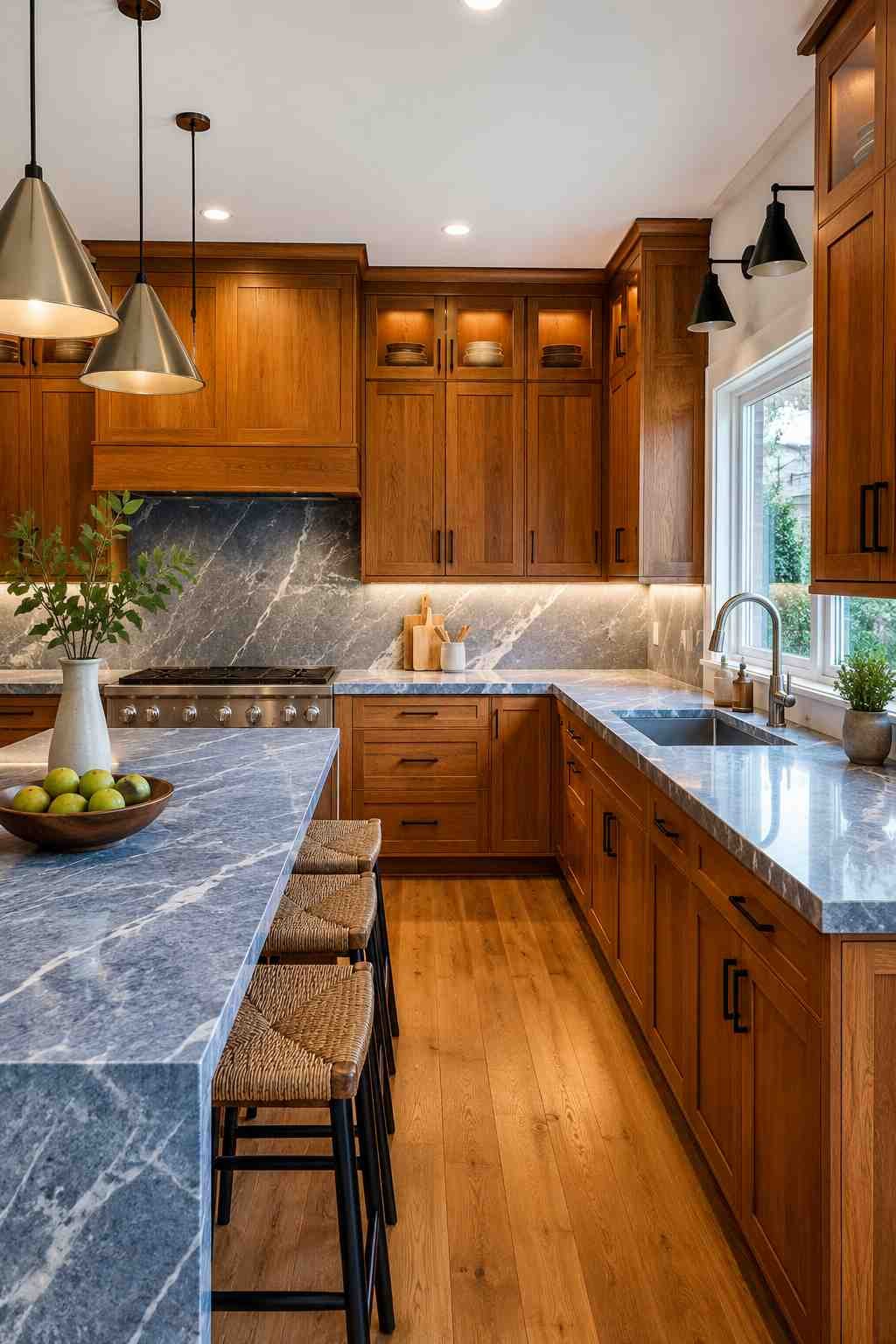 Modern kitchen featuring icy blue-grey quartz countertops with crisp white veining, rich golden oak wood cabinets, matte black hardware, warm under-cabinet lighting, and bright natural daylight in a contemporary design.