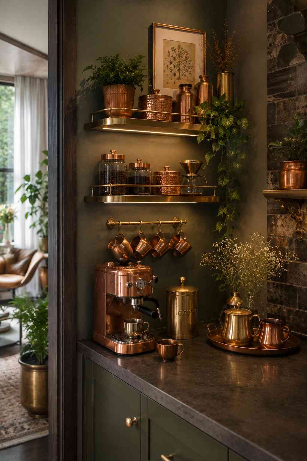 An elegant coffee bar with copper accents, floating shelves, matching mugs, and warm ambient lighting