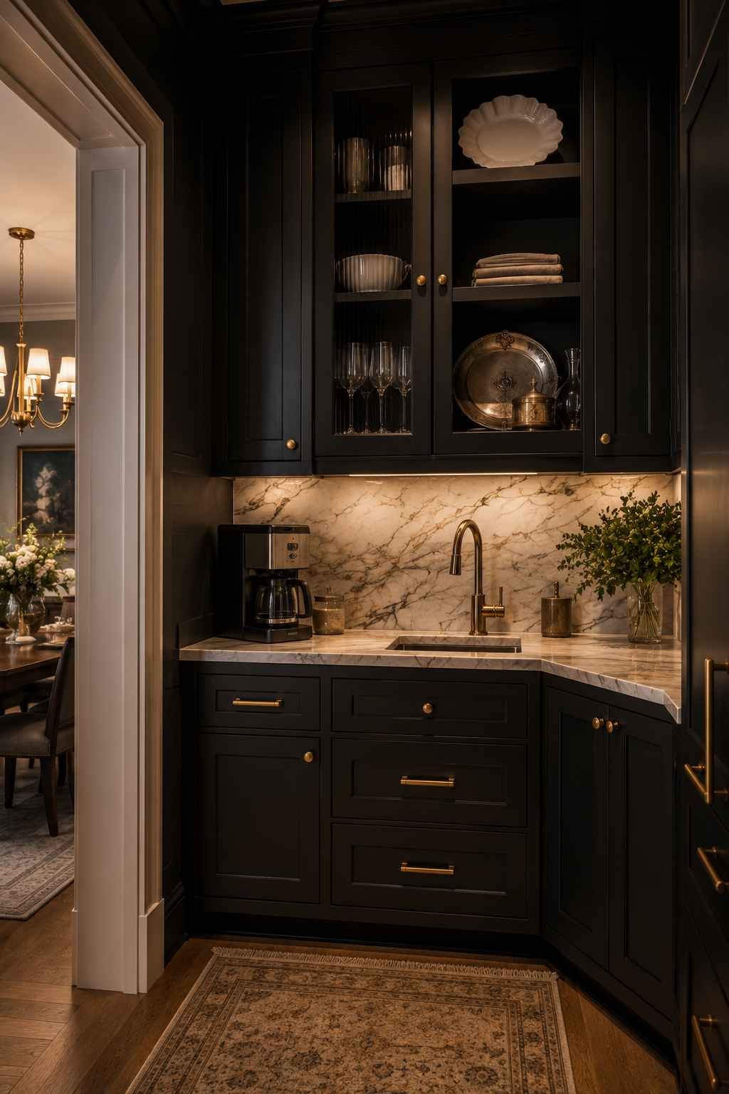 Elegant corner butler’s pantry featuring matte black cabinets, brass hardware, a marble countertop, prep sink, open shelving, warm under-cabinet lighting, and a seamless transition to the dining room.