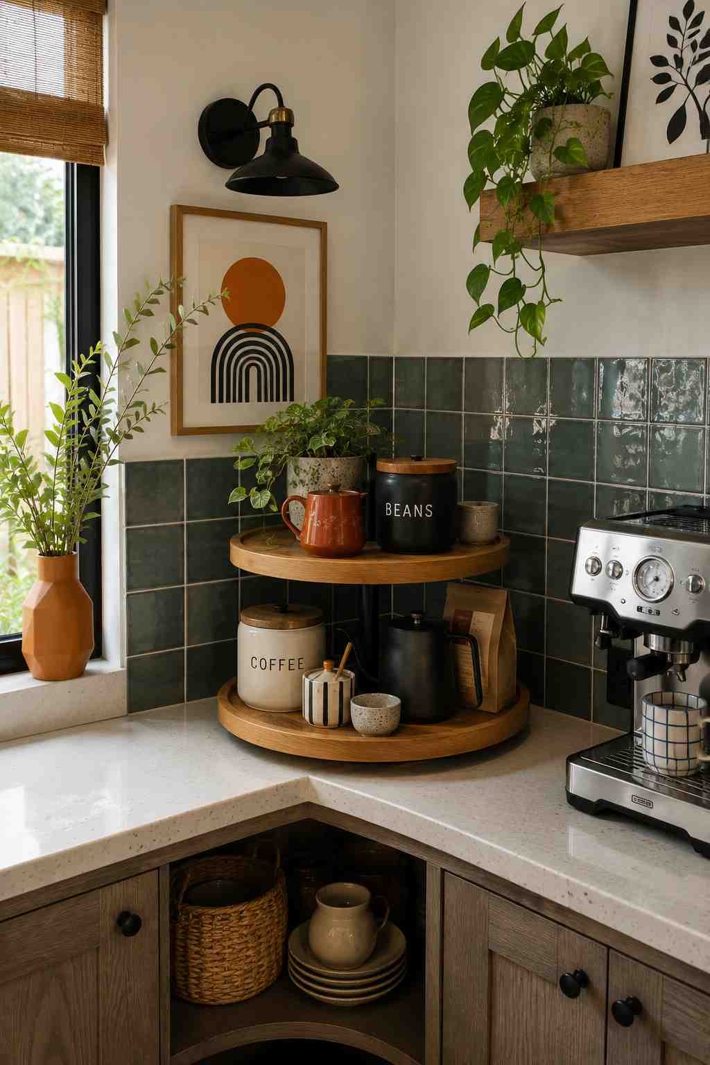 A cozy kitchen corner with a tiered wooden coffee organizer, plants, and a modern espresso machine.