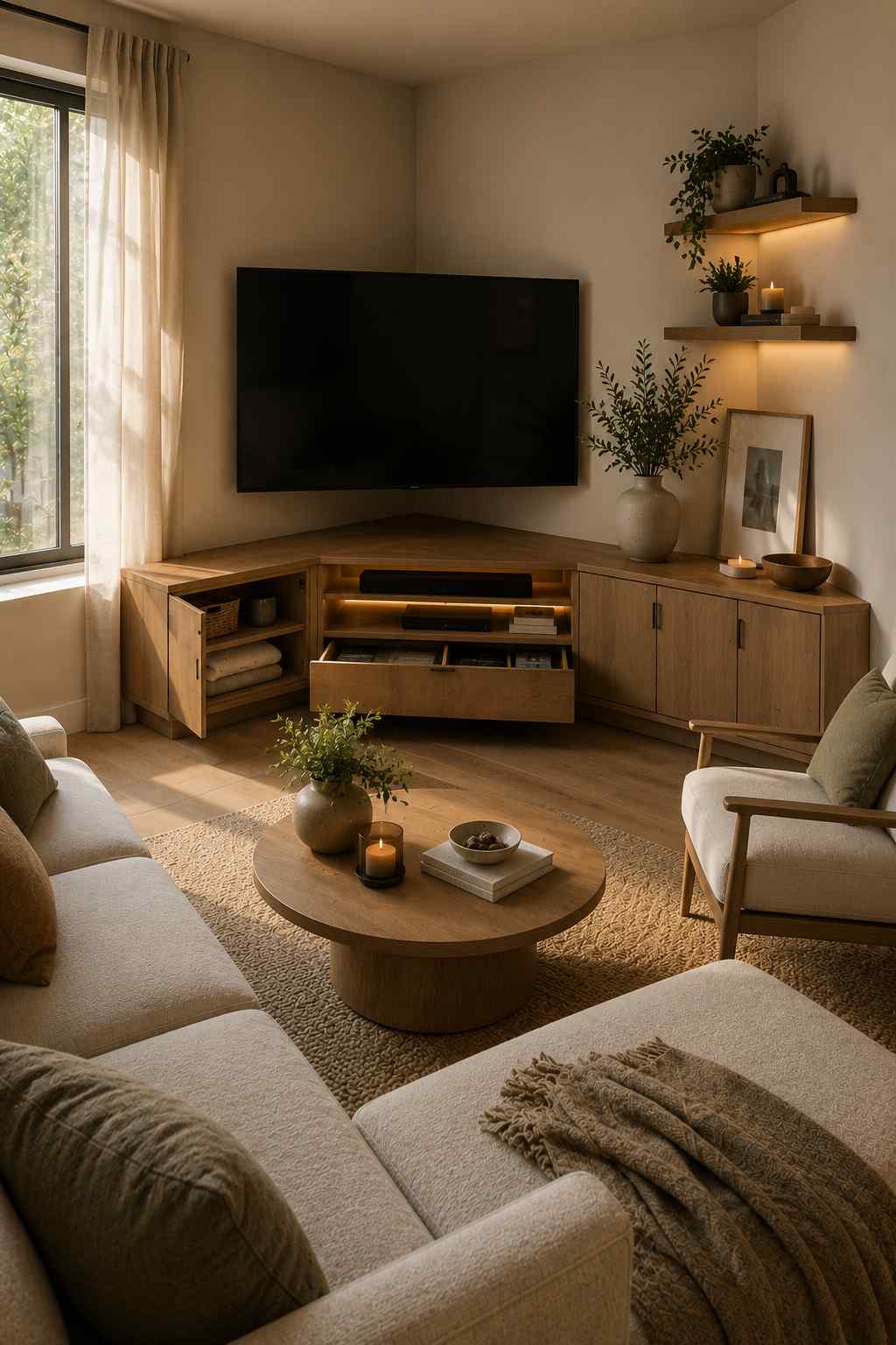A cozy modern living room featuring a custom corner TV unit with angled cabinets, drawers, and open shelving that maximize unused corner space. The organized storage holds books, baskets, blankets, and media devices, while warm natural sunlight and slightly angled seating create a comfortable, space-saving setup for small apartments and awkwardly shaped rooms.