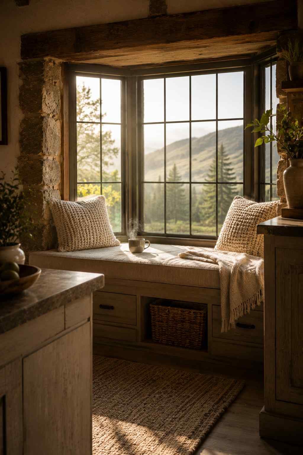 A built-in window seat in a highland kitchen features natural linen upholstery, chunky knit wool cushions, and a steaming ceramic mug in the morning sun. Stone-framed bay windows overlook rolling green hills, while storage drawers and a woven basket beneath the bench add warmth and practicality.