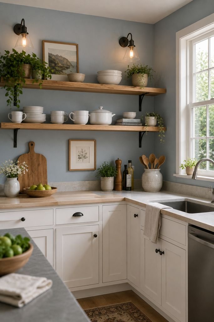 Photorealistic cozy kitchen featuring soft blue-grey painted walls, open natural wood shelves displaying white ceramic dishware and small potted plants, white lower cabinets, warm accent lighting, and natural daylight streaming through a nearby window for a bright, lived-in atmosphere.