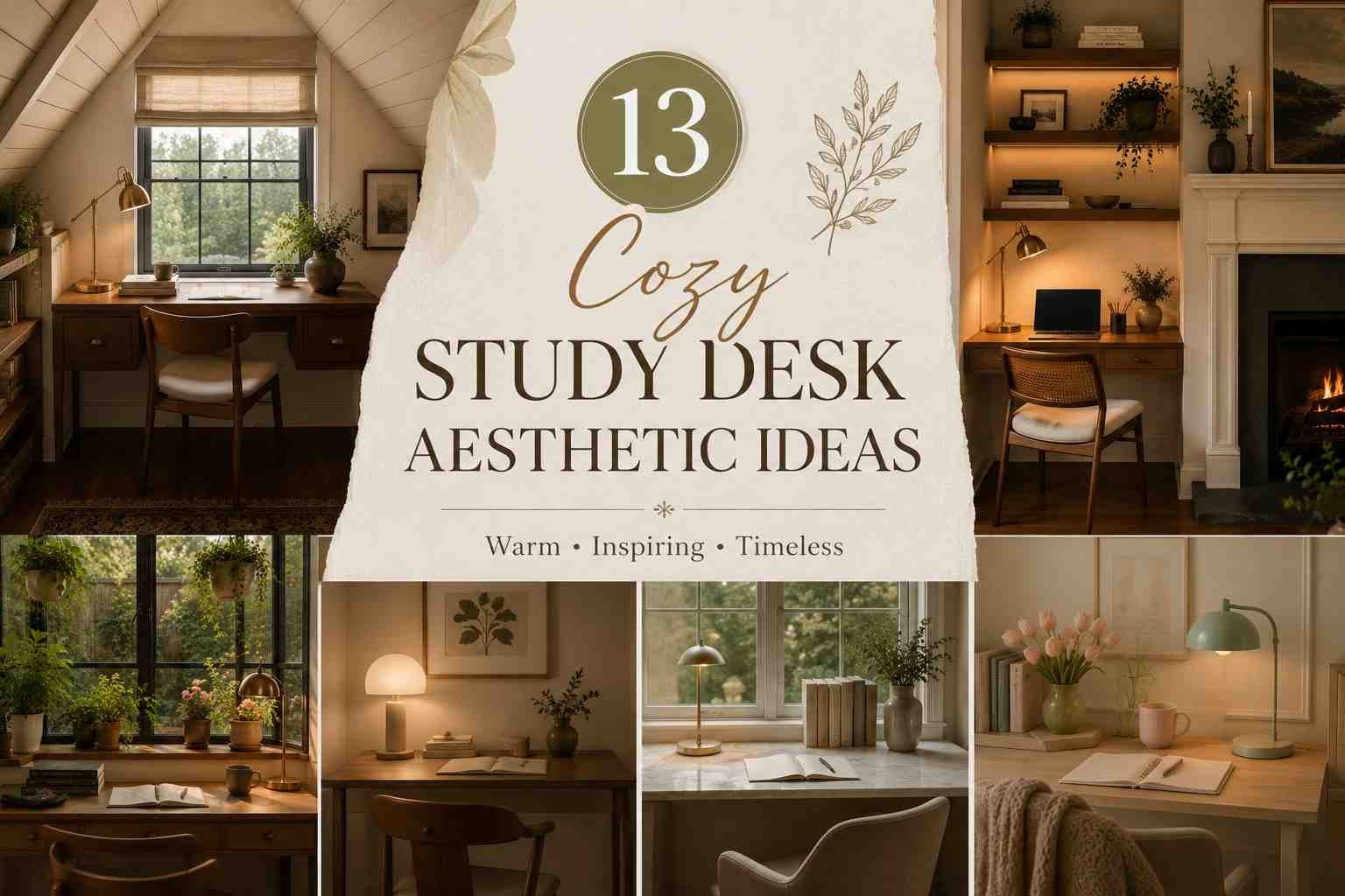 Collage showcasing 13 cozy study desk aesthetic ideas featuring minimalist desks, warm lighting, indoor plants, window seating, and space-saving home office designs.