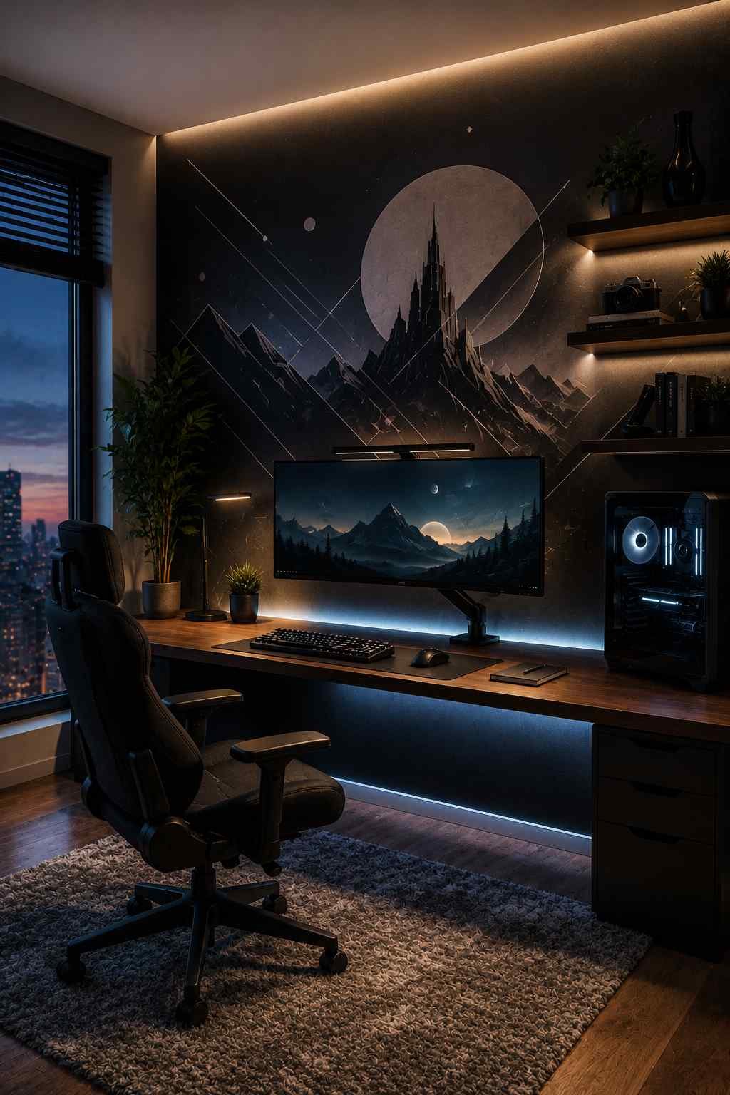 A modern gaming room featuring a bold charcoal accent wall with large abstract futuristic artwork, subtle LED wall lighting, a clean walnut desk setup with an ultrawide monitor, ergonomic chair, gaming PC, floating shelves, indoor plants, and warm ambient lighting that creates a stylish, cohesive focal point.
