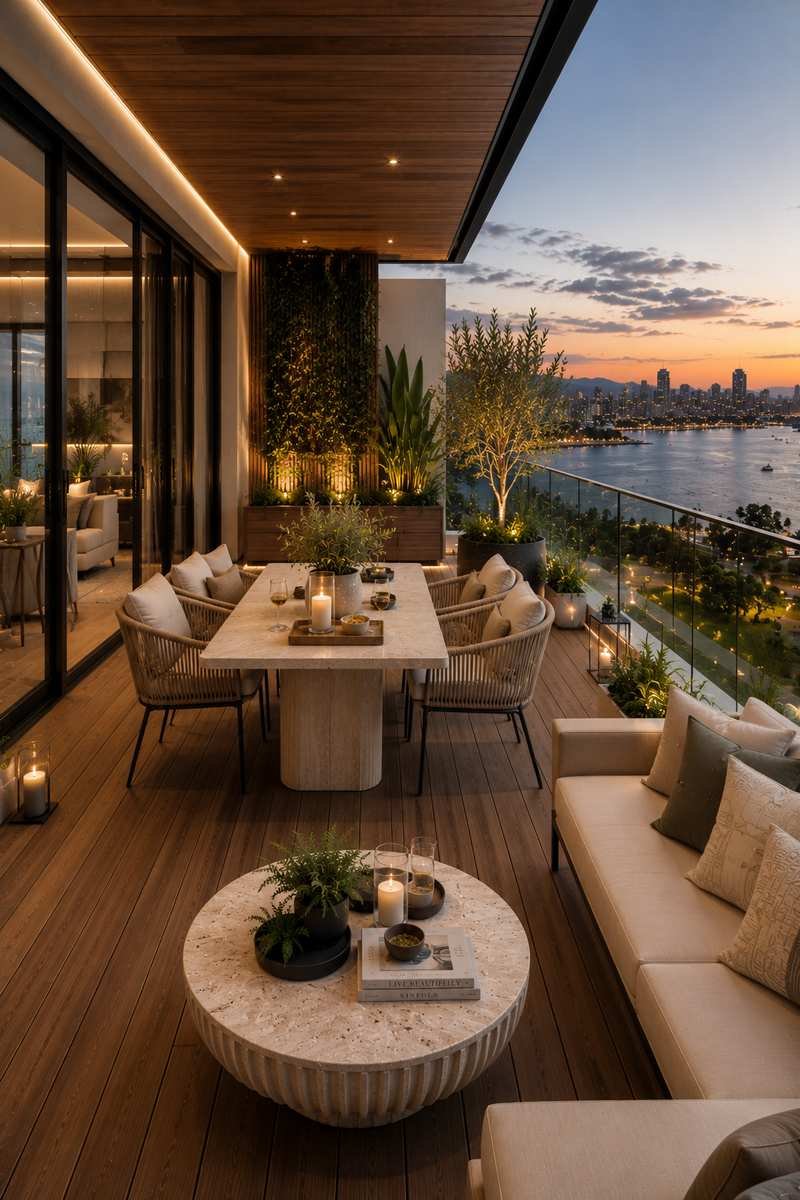A modern luxury balcony with a matching premium outdoor furniture set, including elegant lounge seating, a designer dining table, warm wood decking, lush greenery, and panoramic waterfront sunset views.