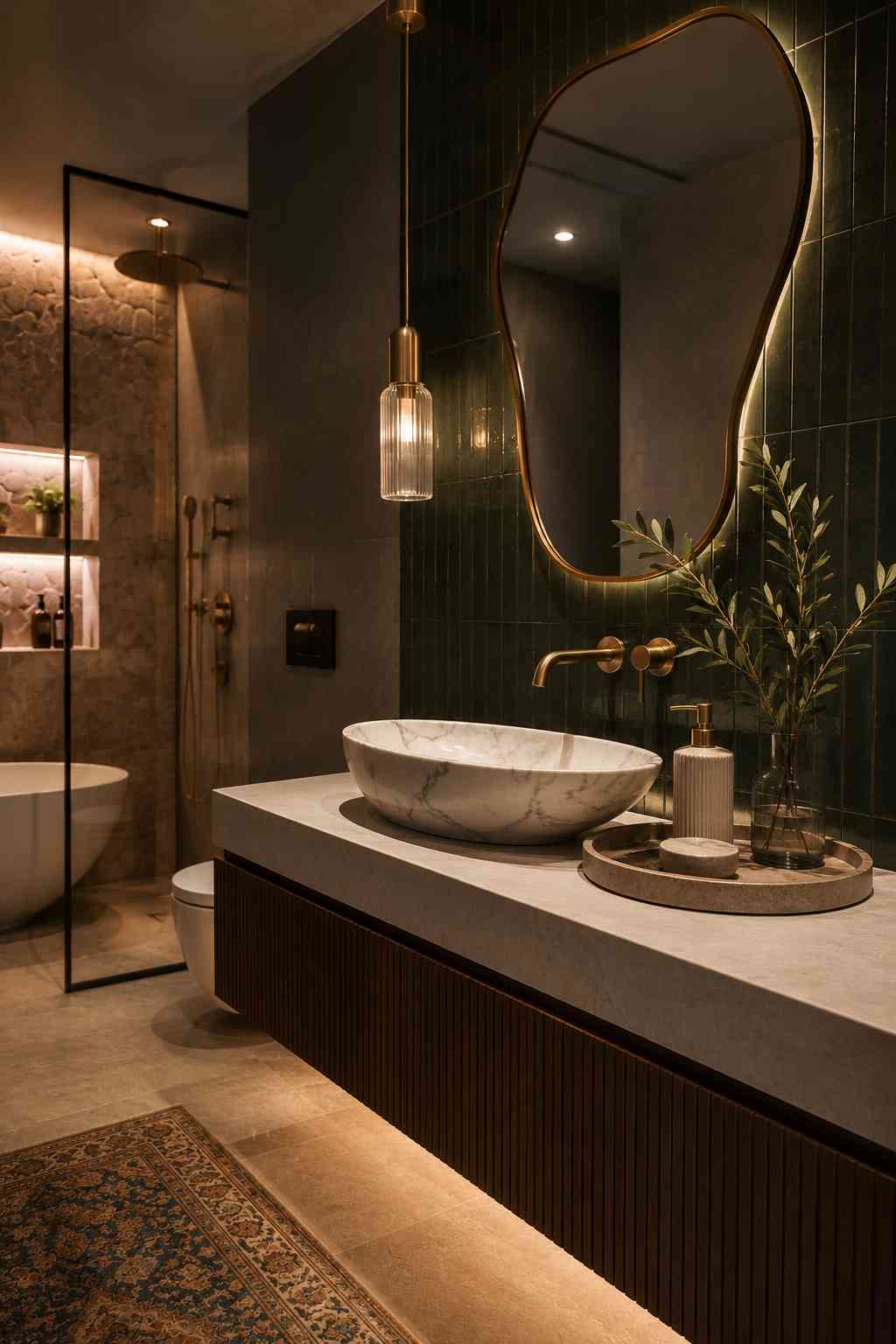 Elegant contemporary bathroom featuring a floating fluted wood vanity with a white marble vessel sink, an organically shaped backlit mirror, deep green tiled accent wall, warm brass fixtures, a glass walk-in shower, a freestanding bathtub, and soft ambient lighting creating a refined spa-inspired setting. 