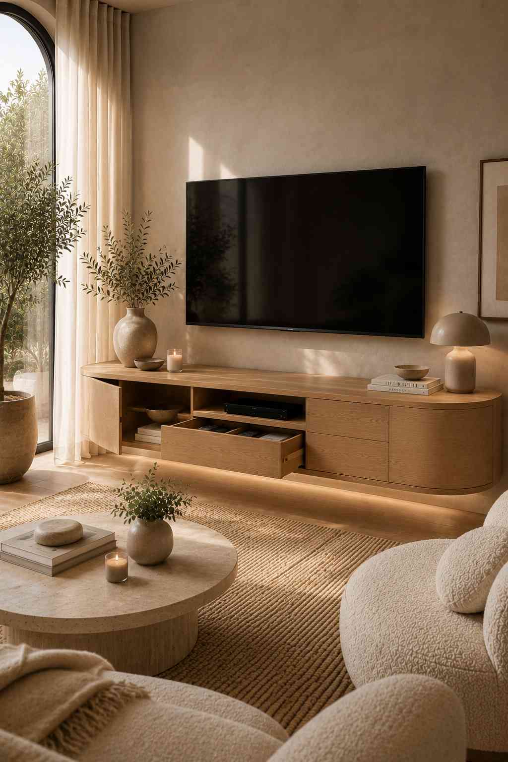 A sunlit Organic Modern living room featuring a floating curved-front oak TV unit with rounded edges, soft-close drawers, and concealed storage. The sculptural media console is paired with neutral dรฉcor, warm ambient lighting, and natural textures, creating an elegant entertainment wall that feels soft, inviting, and effortlessly contemporary.