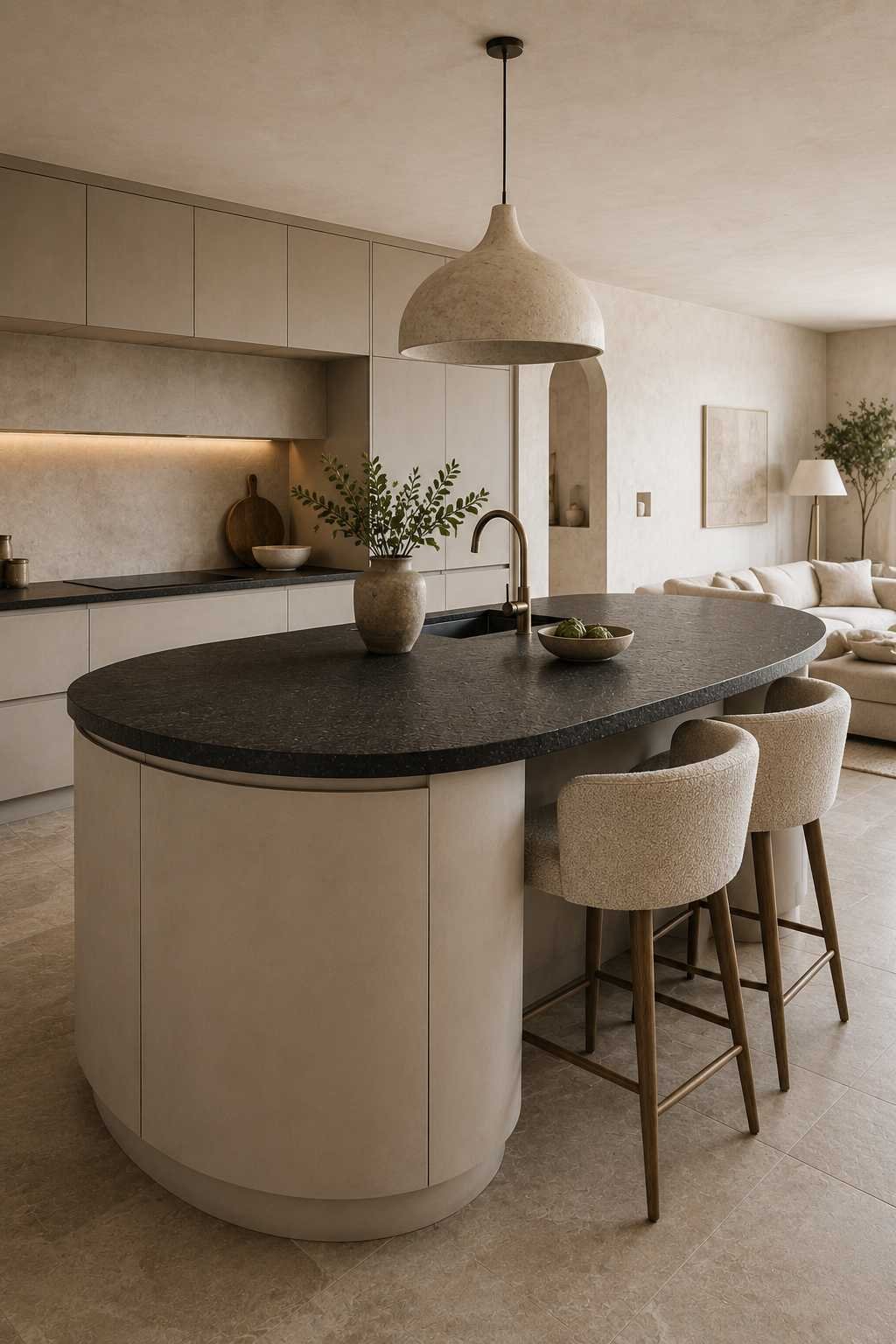 Modern open-concept kitchen featuring a curved kitchen island with a black leathered granite countertop, soft greige cabinetry, curved bouclé bar stools, a sculptural pendant light, textured plaster walls, and a seamless living area in the background illuminated by warm natural daylight.