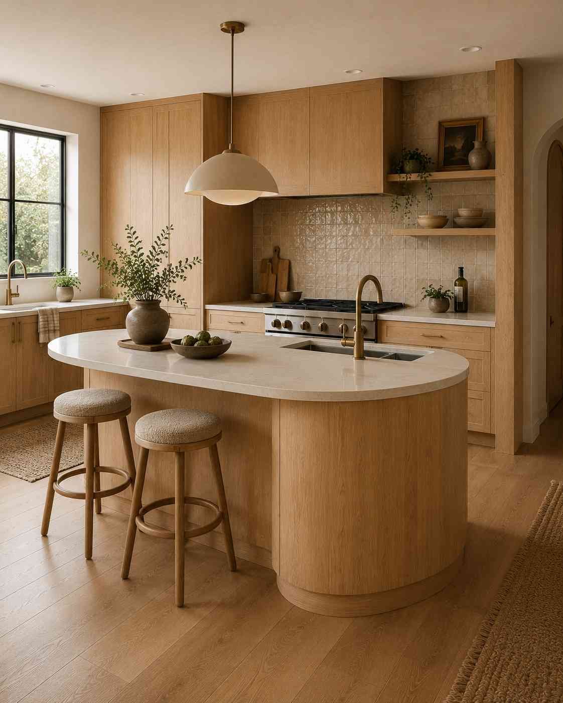 Ultra-realistic modern kitchen featuring a curved white oak island with a soft organic edge, flat white oak cabinetry, a honed light stone countertop, rounded upholstered bar stools, a single oversized pendant light, warm brass fixtures, natural wood flooring, and soft daylight in a contemporary organic design.