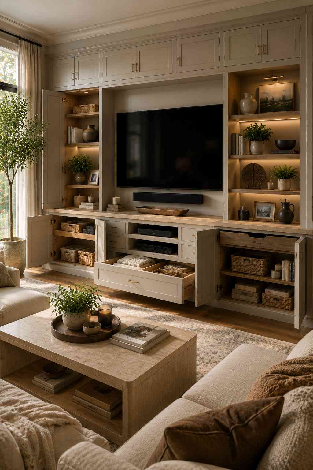 A spacious, modern living room featuring a custom built-in TV wall with floor-to-ceiling cabinets, open display shelves, and large drawers. The thoughtfully organized storage includes woven baskets, books, blankets, dรฉcor, and media devices, while warm natural light creates a bright, welcoming family space.