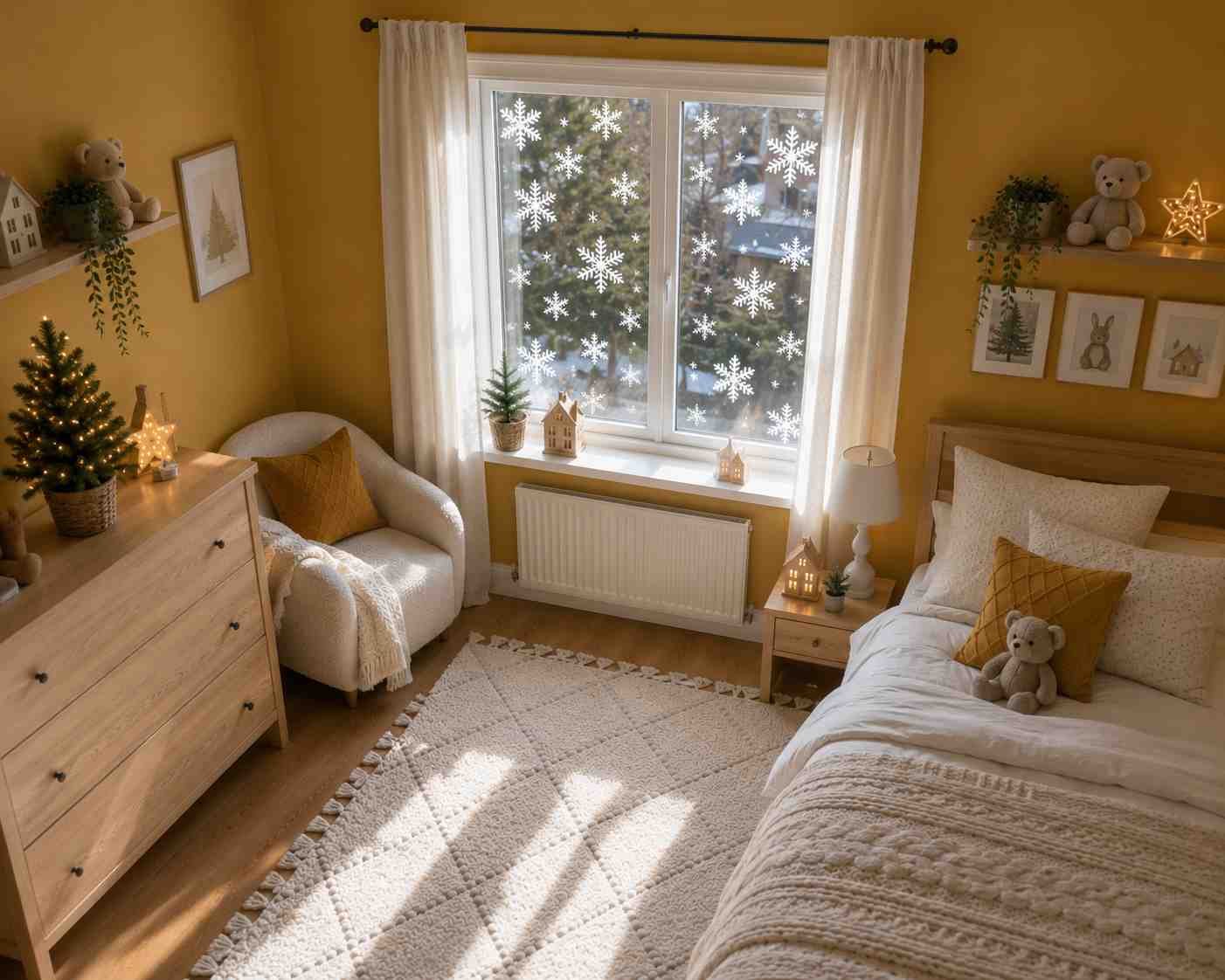 Mustard yellow kids' bedroom with festive winter window decals, cozy textiles, wooden furniture, and Christmas accents.
