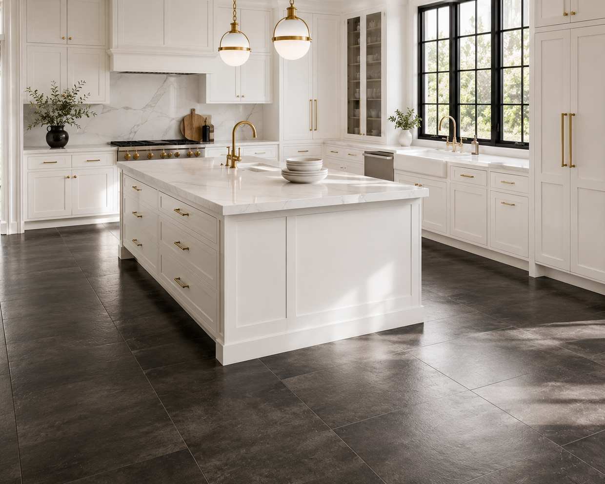 Bright white kitchen with large-format deep charcoal porcelain floor tiles, white shaker cabinets, a matching island with a white quartz countertop, brass hardware, black-framed windows, and opal glass pendant lights. Soft natural daylight highlights the satin-finish charcoal flooring, creating a striking contrast with the crisp white cabinetry.