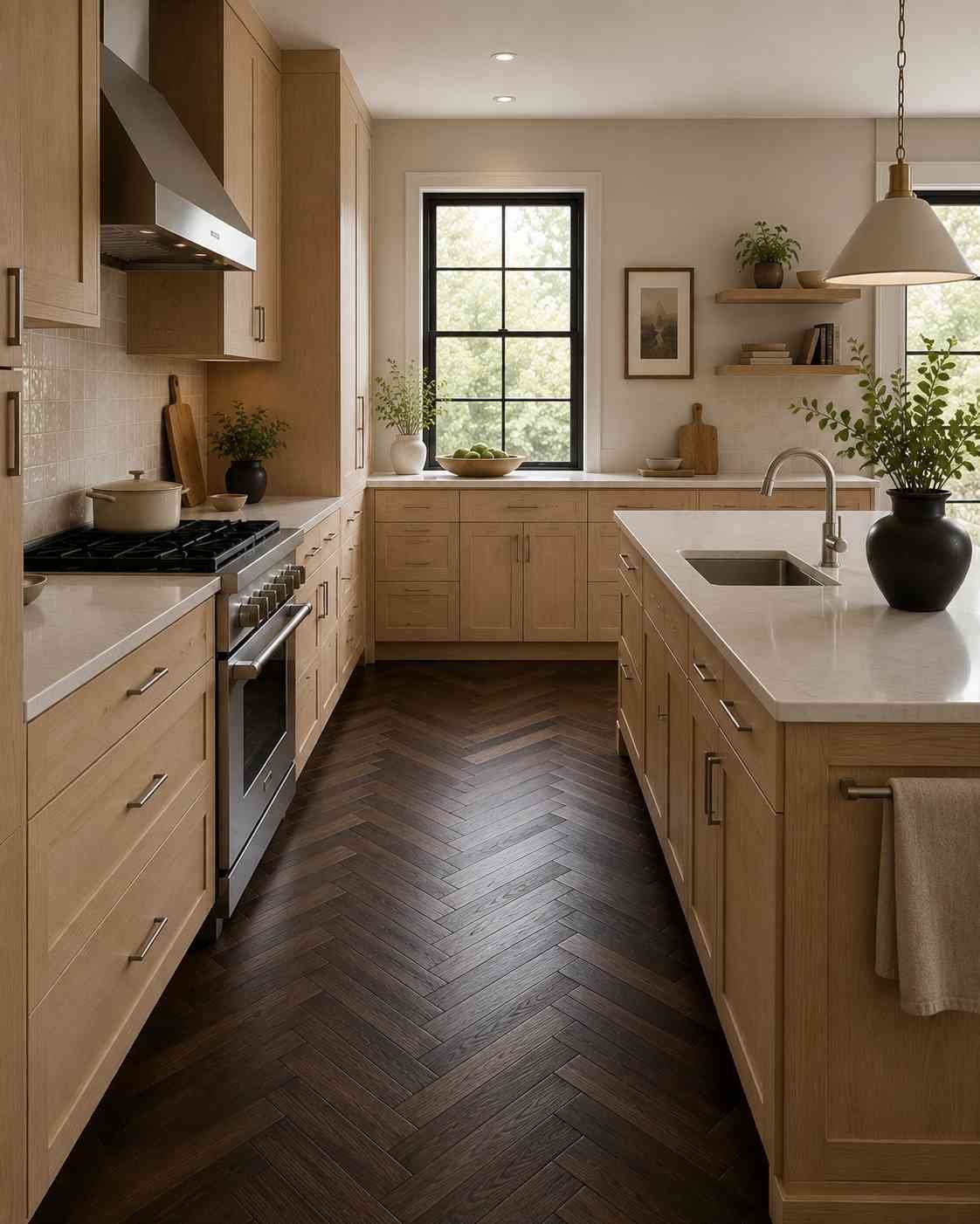 Ultra-realistic contemporary kitchen featuring light natural white oak cabinets paired with a dark walnut herringbone wood floor, white quartz countertops, brushed nickel hardware, a large waterfall island, warm neutral walls, black-framed windows, and abundant natural daylight in a sophisticated modern design.