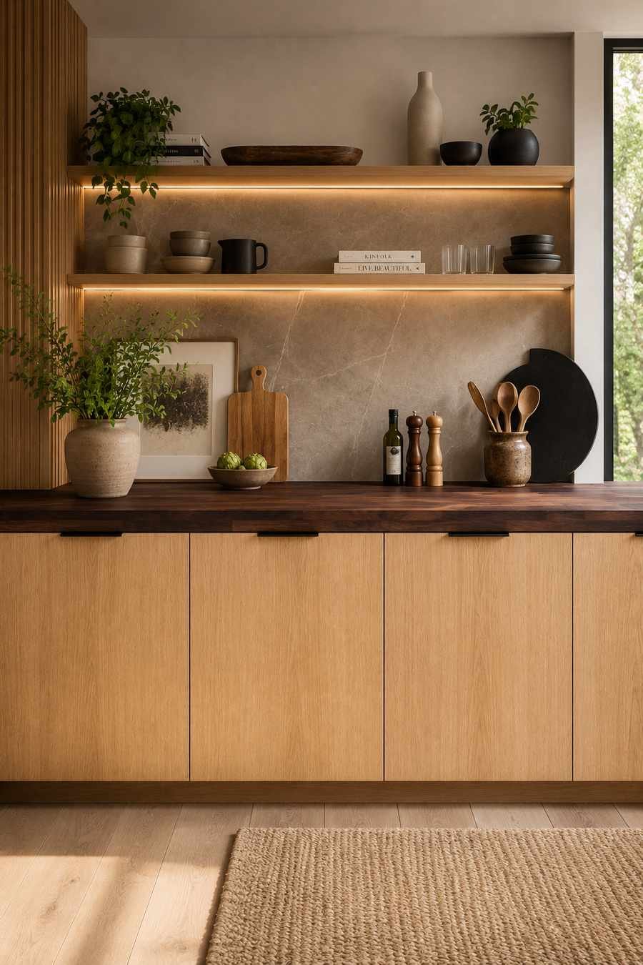 Contemporary kitchen featuring dark walnut butcher block countertops, natural white oak slab cabinets, floating wood shelves with integrated LED lighting, warm neutral stone backsplash, minimalist décor, and soft natural daylight.