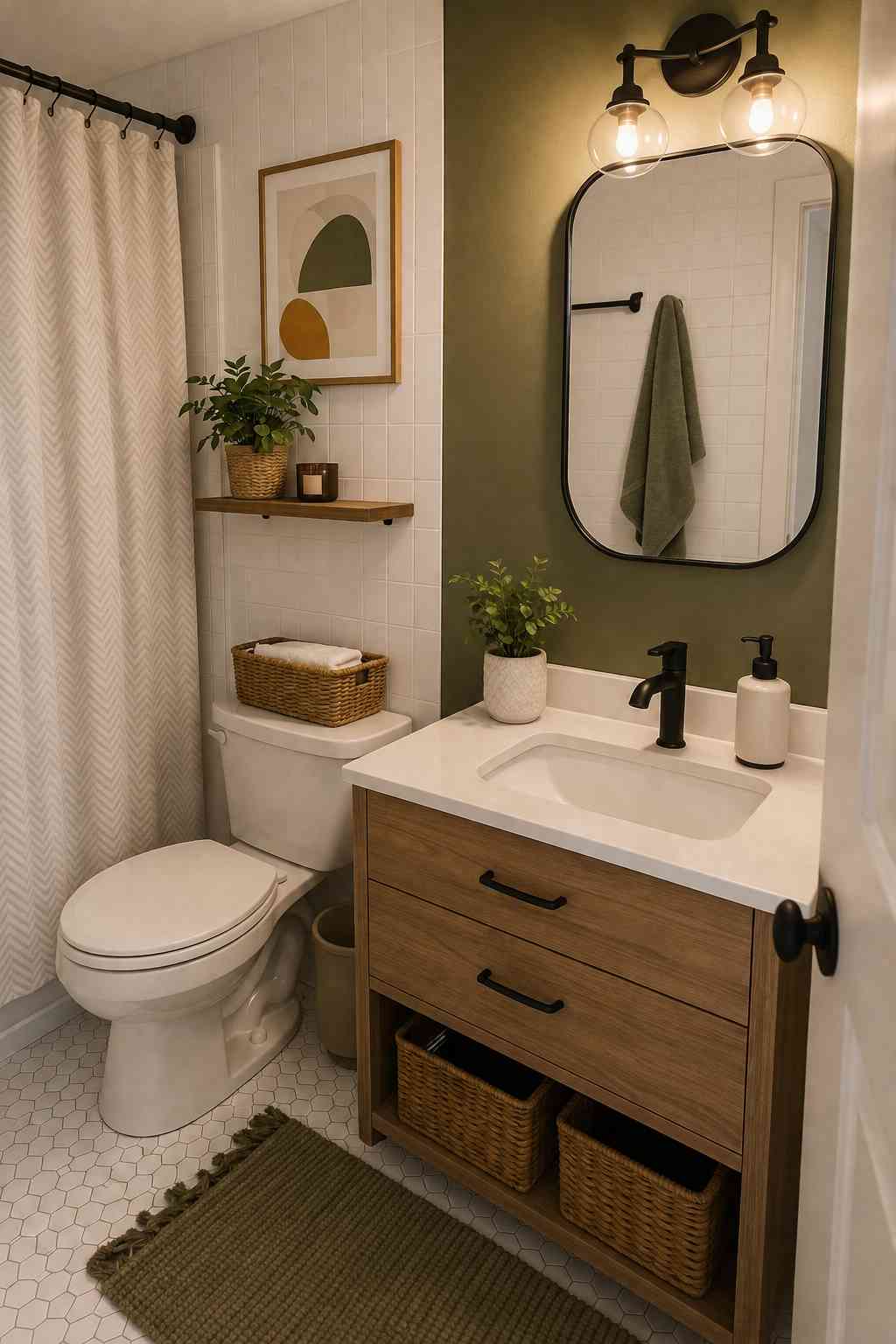 Small bathroom with a warm wood vanity, olive green accent wall, black fixtures, and woven storage baskets. A white patterned shower curtain, potted plants, and simple decor give the space a clean, cozy, and modern feel.