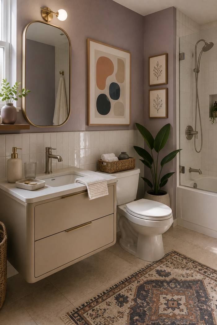 A warm and elegant bathroom with soft mauve walls, a beige floating vanity, and a gold-framed mirror that adds a touch of sophistication. Natural light pours through a nearby window, brightening the space and highlighting the framed artwork, leafy indoor plant, and neatly arranged towels. A glass-enclosed shower and a vintage-inspired patterned rug complete the room, creating a cozy, polished atmosphere that feels both modern and inviting.