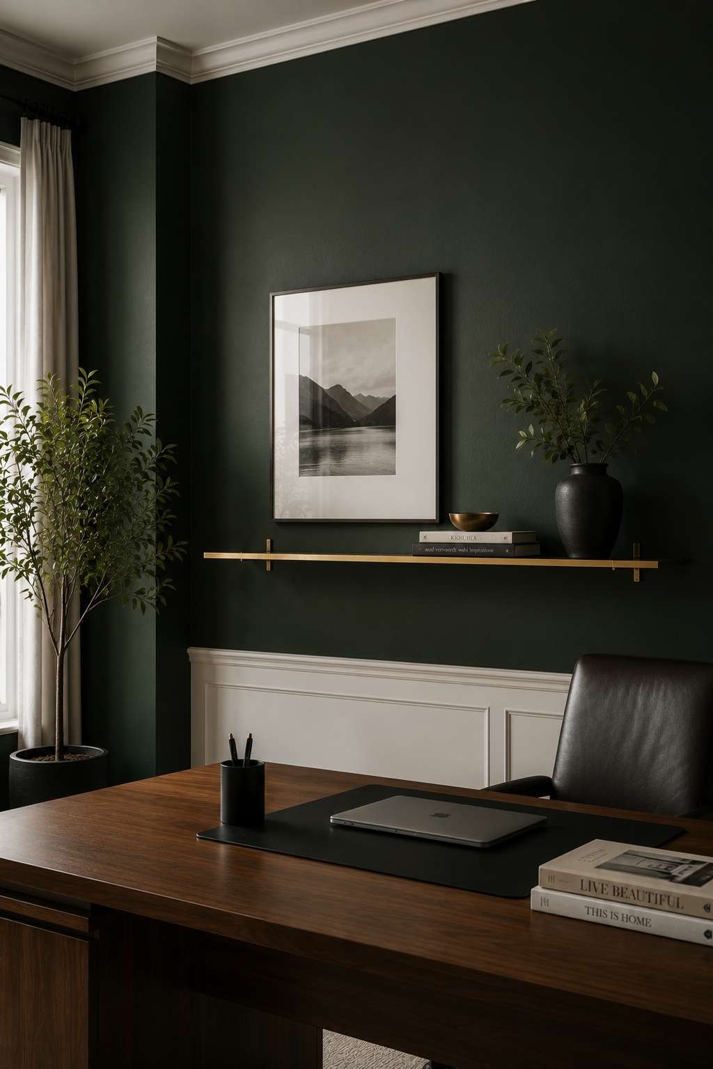 Deep forest green accent wall in a modern executive office with brass shelving and white trim 