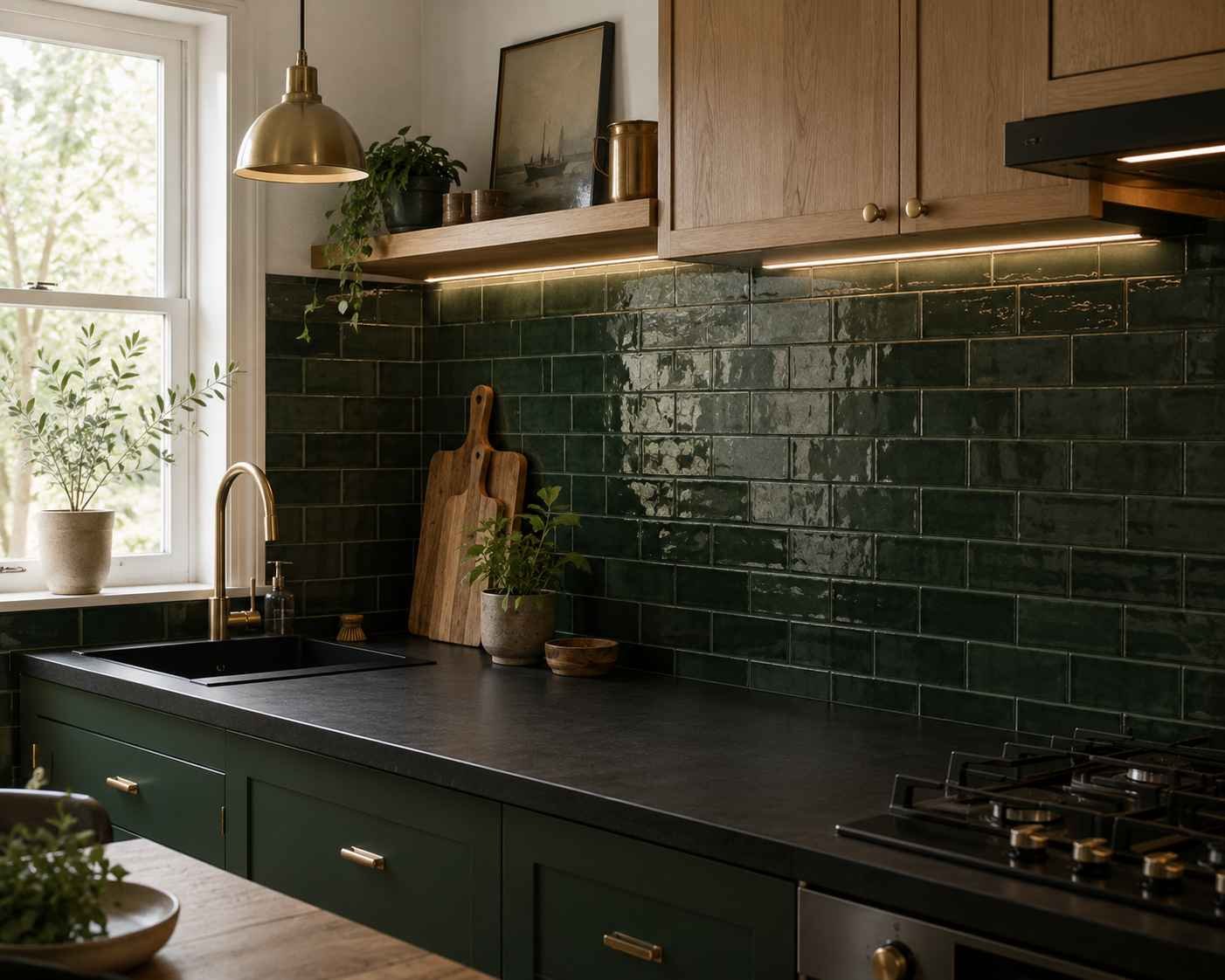 Small kitchen with a deep bottle green ceramic tile backsplash, matte black countertop, warm wood cabinets, brass hardware, and natural daylight creating a bright, inviting space with a modern farmhouse feel.