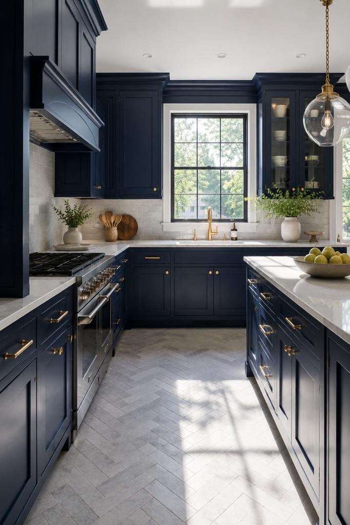 Photorealistic transitional kitchen featuring deep navy blue shaker cabinets, white marble-look countertops, brushed brass hardware and faucet, light grey herringbone-pattern tile flooring, and a large window casting soft natural light and elegant shadows across the floor.