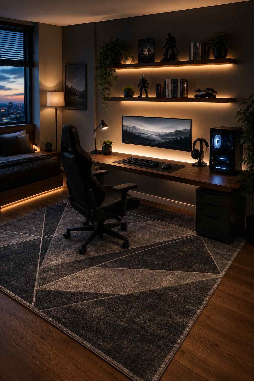 A cozy gaming corner with a large patterned rug under the desk and chair, creating a dedicated space that makes the setup feel warm, organized, and inviting.