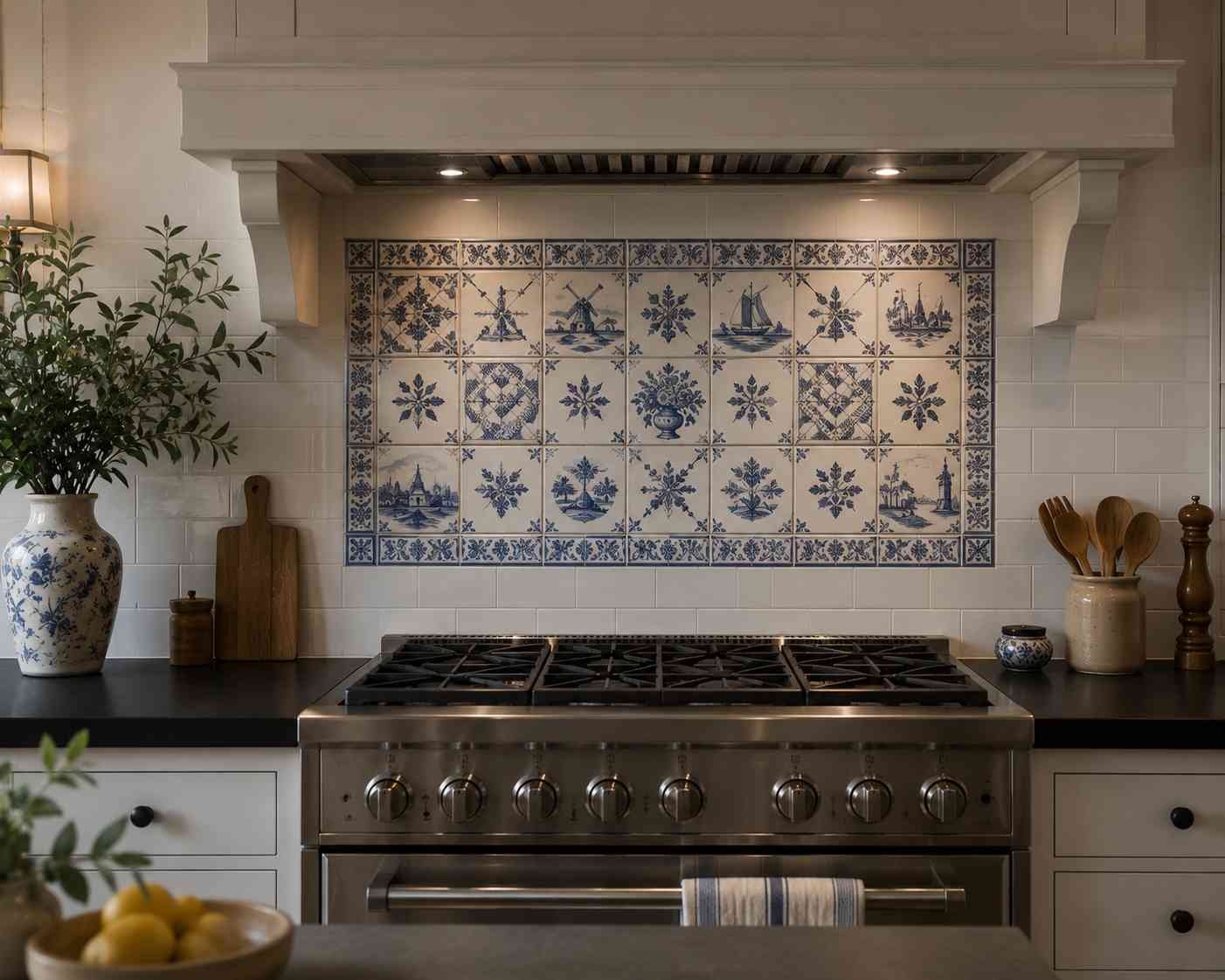 Traditional kitchen with a Delft blue and white ceramic tile backsplash behind the stove, matte black countertop, white shaker cabinets, range hood, and warm lighting highlighting the hand-painted Dutch-inspired tile details.