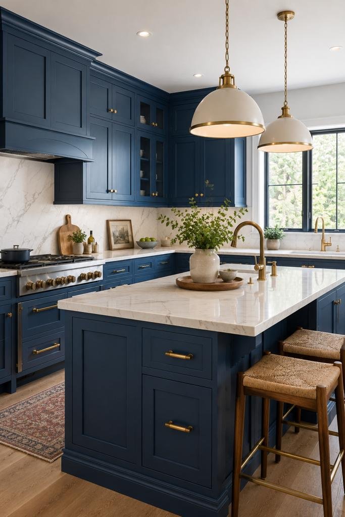 Photorealistic upscale transitional kitchen featuring rich denim-blue shaker cabinets, brushed brass hardware and faucet, white marble-look countertops with soft grey veining, warm pendant lights above a spacious island, and natural daylight streaming through a large window.