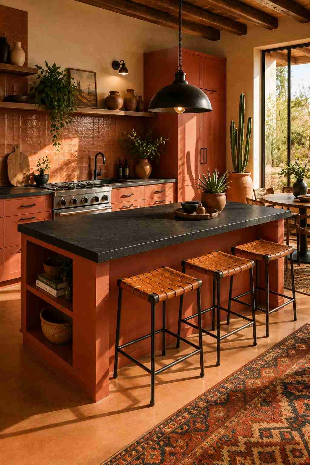 Desert modern kitchen featuring a terracotta kitchen island with a black leathered granite countertop, matte black iron pendant light, woven leather bar stools, handmade terracotta tile backsplash, warm plaster walls, desert plants, and golden natural sunlight.
