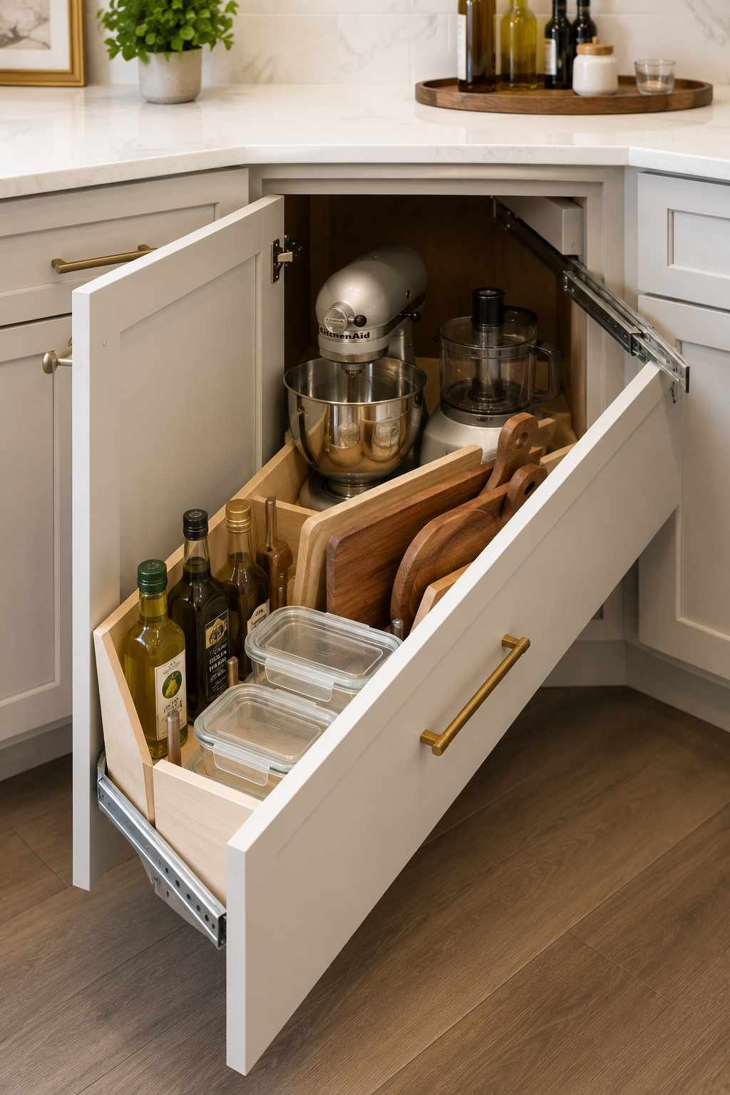 Modern kitchen with a diagonal pull-out corner drawer featuring full-extension rails, organized cookware, cutting boards, food storage containers, and cooking oils for easy-access corner cabinet storage.