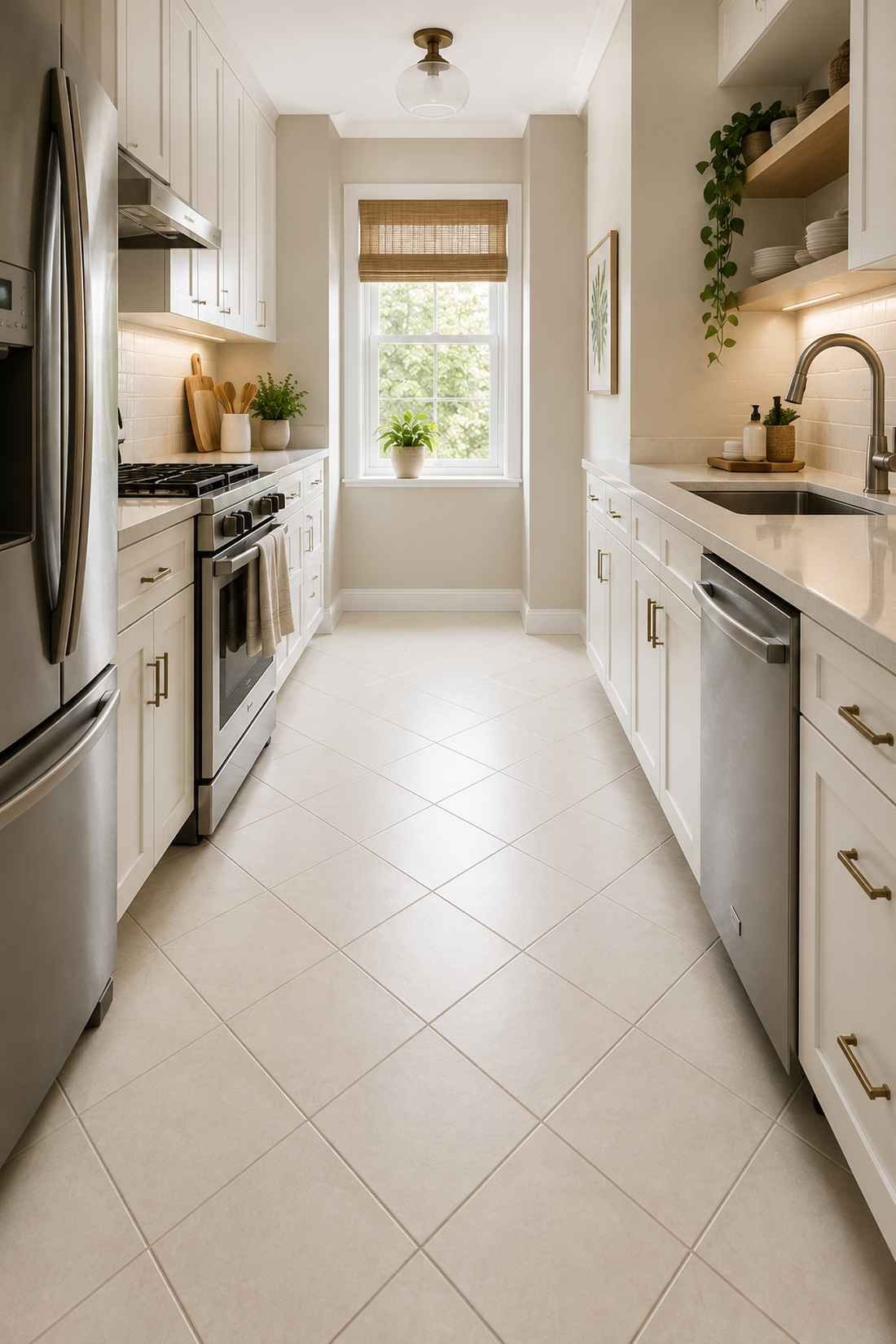 Bright modern galley kitchen featuring warm ivory square porcelain floor tiles installed on a diagonal, white shaker cabinets, quartz countertops, stainless steel appliances, brushed brass hardware, and abundant natural light streaming through a large window, creating a spacious and timeless look.