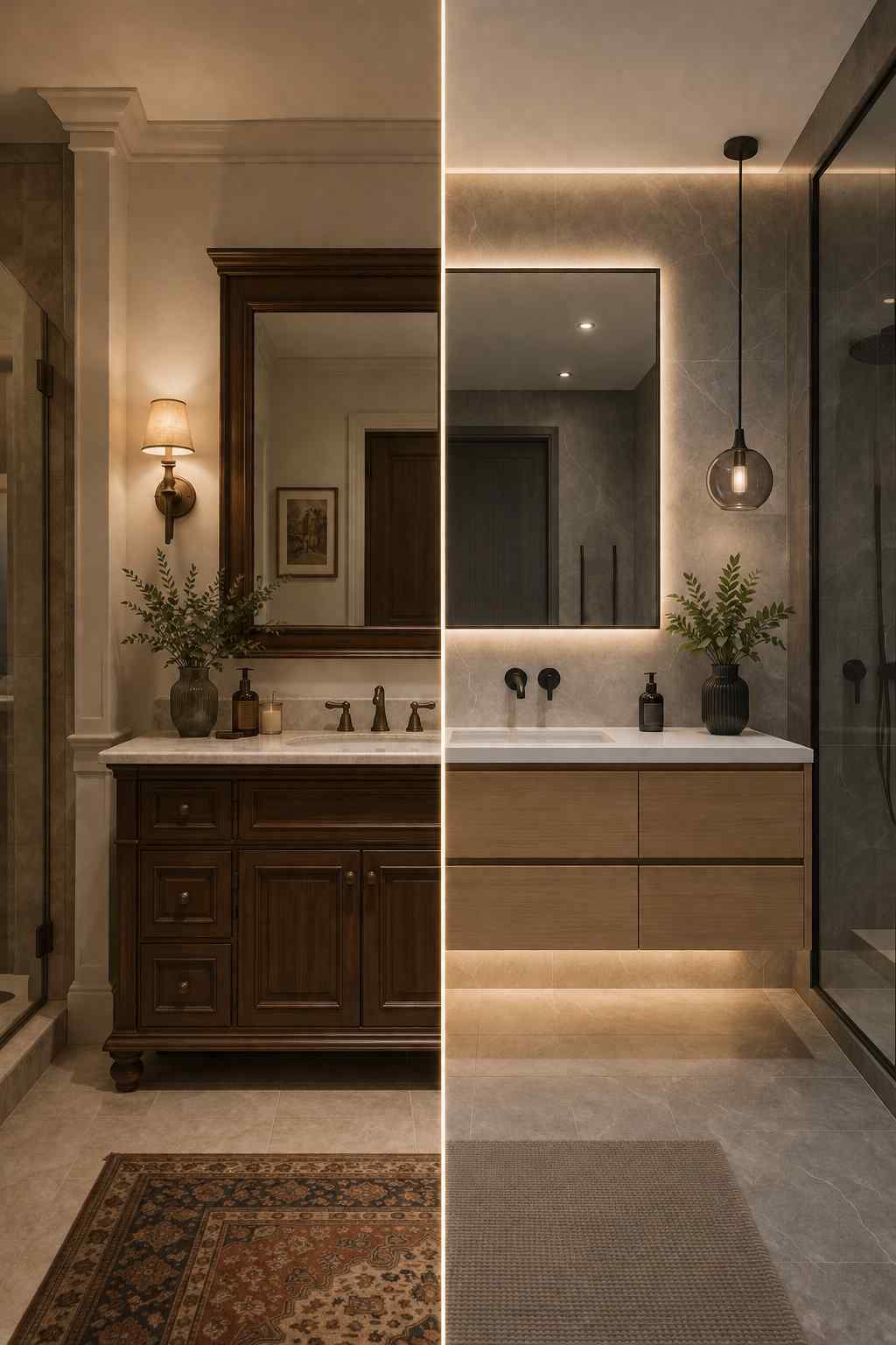 Side-by-side bathroom renovation comparison showing a traditional bathroom with a dark wood vanity, framed mirror, and classic fixtures on the left, contrasted with a modern minimalist bathroom on the right featuring a floating light wood vanity, backlit mirror, sleek black fixtures, under-cabinet lighting, and a glass walk-in shower with large-format gray tiles.