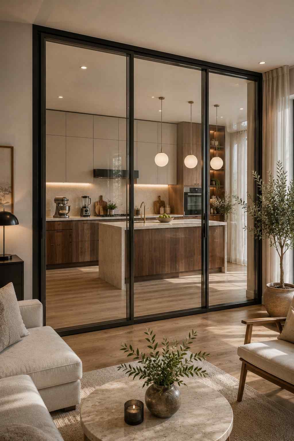 A modern open-plan home featuring a floor-to-ceiling double-glazed glass partition between the kitchen and living room. The insulated clear glass panels help reduce noise from kitchen appliances while maintaining an open, light-filled layout with contemporary wood cabinetry and elegant interior décor.