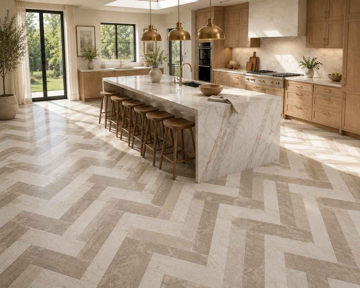Spacious luxury kitchen with a waterfall-edge marble island, white oak cabinetry, aged brass pendant lights, and porcelain floor tiles in a warm taupe and dove-white double herringbone pattern. Large windows and a skylight fill the modern kitchen with natural light, highlighting the bold woven-style flooring.