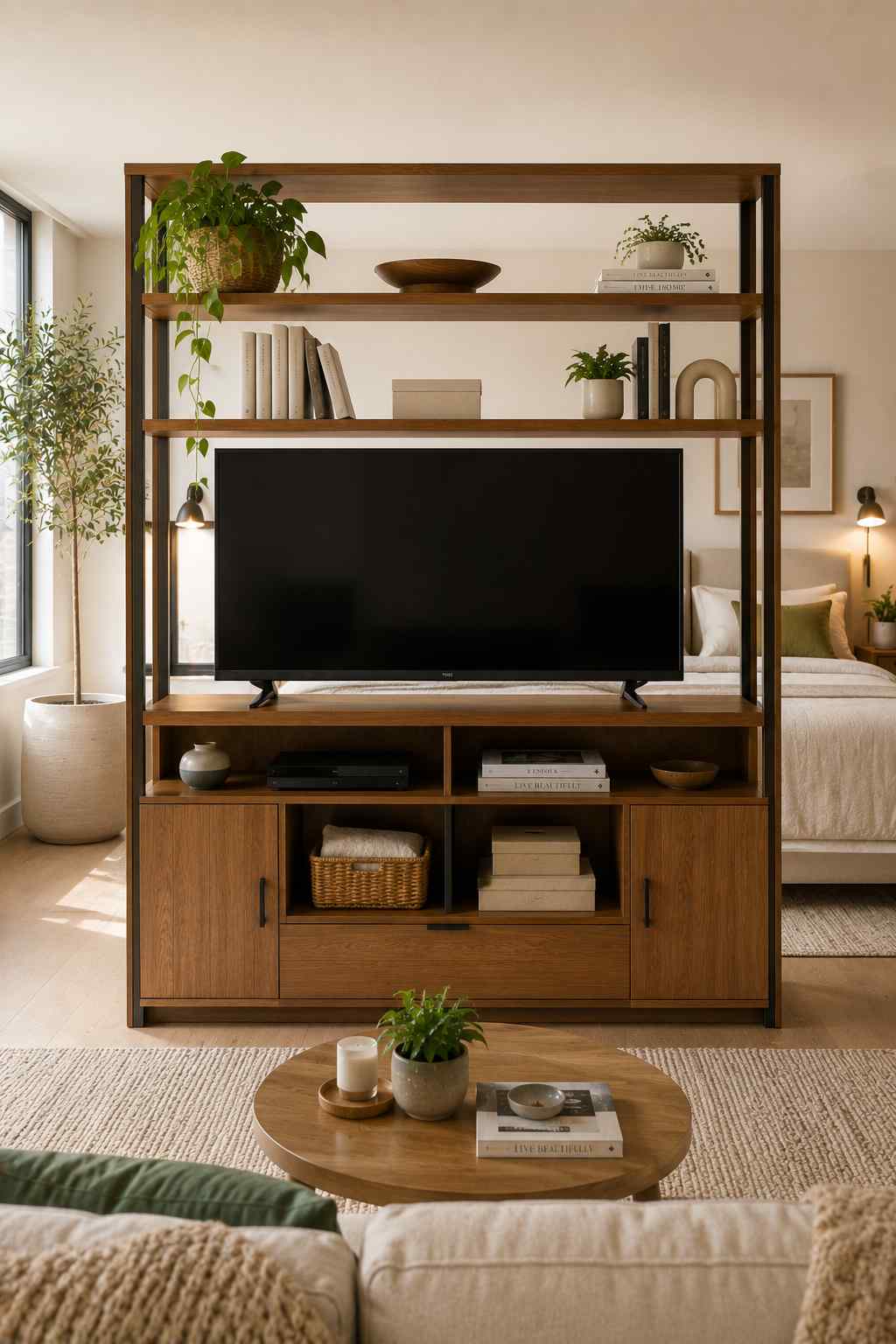 A modern studio apartment featuring a freestanding double-sided TV room divider with open shelves, lower cabinets, and a front-facing TV. The partition neatly separates the living area from the bedroom while providing organized storage for books, baskets, dรฉcor, and media devices, allowing natural light to flow through the open shelving.