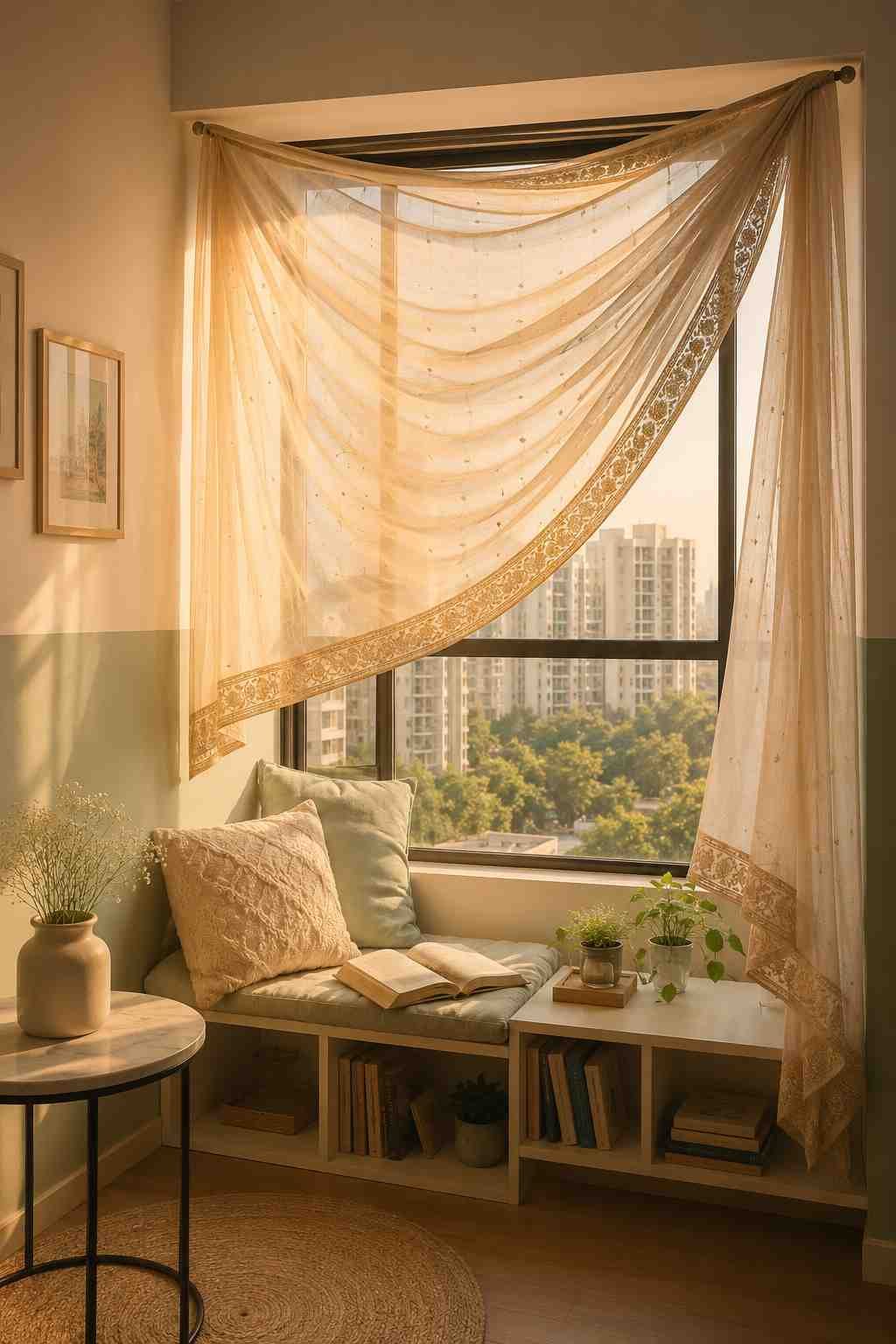 A cozy window seat bathed in warm afternoon sunlight, featuring soft cushions, an open book, potted plants, and a sheer embroidered curtain draped across a large window overlooking city buildings, with a small side table and built-in bookshelf completing the inviting reading nook.