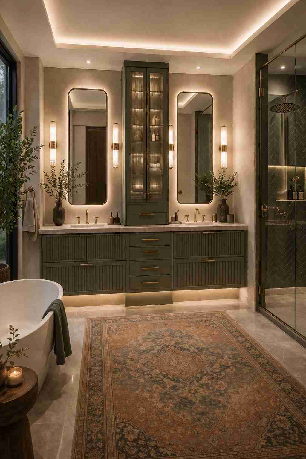 Elegant contemporary bathroom featuring a floating sage green double vanity with illuminated display cabinet, twin backlit mirrors, warm brass fixtures, a glass walk-in shower with blue herringbone tiles, a freestanding bathtub, and a decorative vintage-style area rug creating a luxurious spa-inspired setting. 