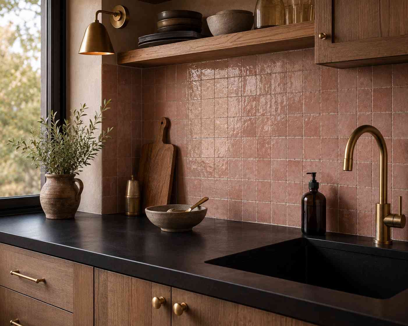Modern kitchen with a muted dusty pink tile backsplash, matte black countertop, brass faucet, warm wood cabinets, open shelving, and soft natural daylight creating an elegant, sophisticated contemporary space.
